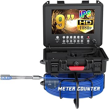 9" Sewer Drain Pipe Cameras, Sewer Camera DVR,IPS 1080P Plumbing Snake Camera Inspection Camera W/12 LED, IP68 Duct Chimney Sewer Inspection Camera W/16GB TF CardSize50 M/164 FT