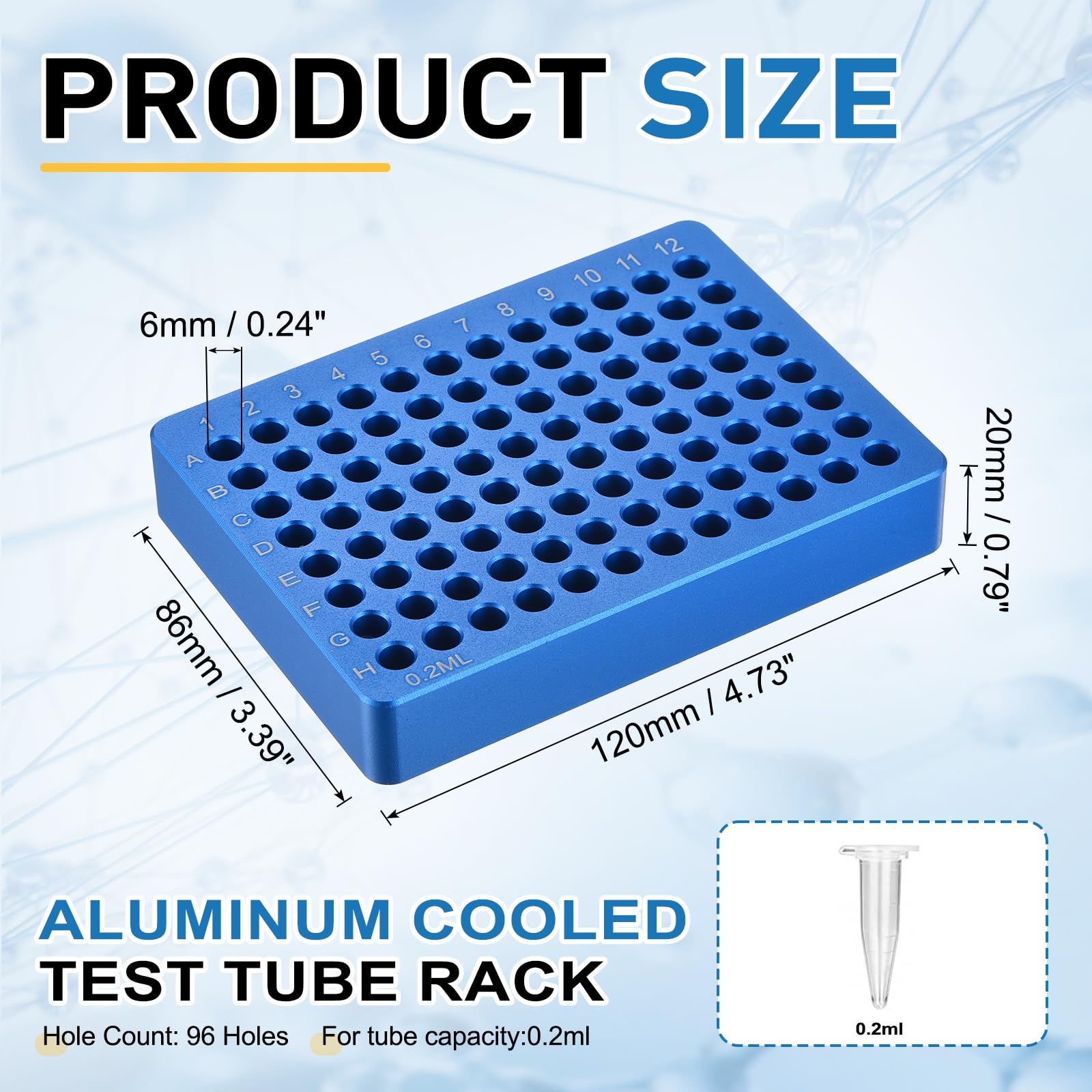 PATIKIL 96 Pozzi Porta Provette Microcentrifuga Raffreddato, Vassoio Piastra Coltura Tessuti, Blocco Raffreddamento Alluminio Per Provette PCR 50ml, Attrezzatura Laboratorio, Blu Chiaro