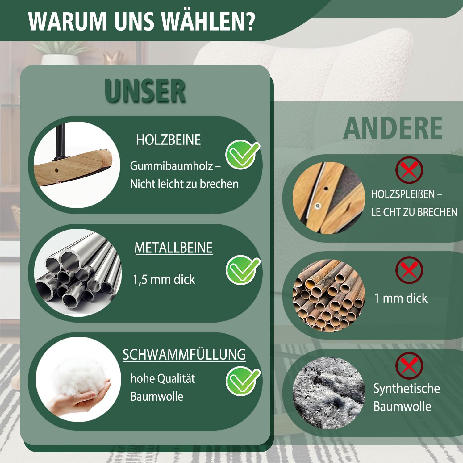 Schaukelstuhl mit weichem Lammfellimitat Beiger Relaxstuhl im Skandi-Stil gepolstert & ergonomisch ideal fürs Wohnzimmer Schlafzimmer