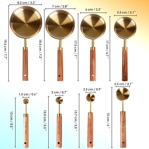 Miniatura 3 de Colección de 8 tazas medidoras doradas y cucharas medidoras, dorado con asas de madera fragante, juego completo de tazas y cucharas medidoras