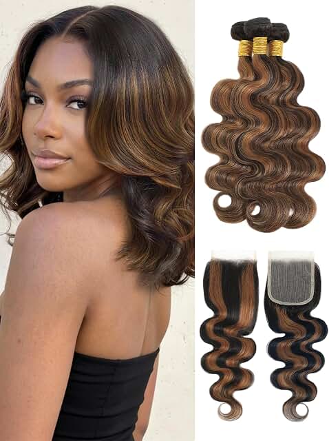 Honey blonde highlighted body wave bundles with 4×4 lace closure