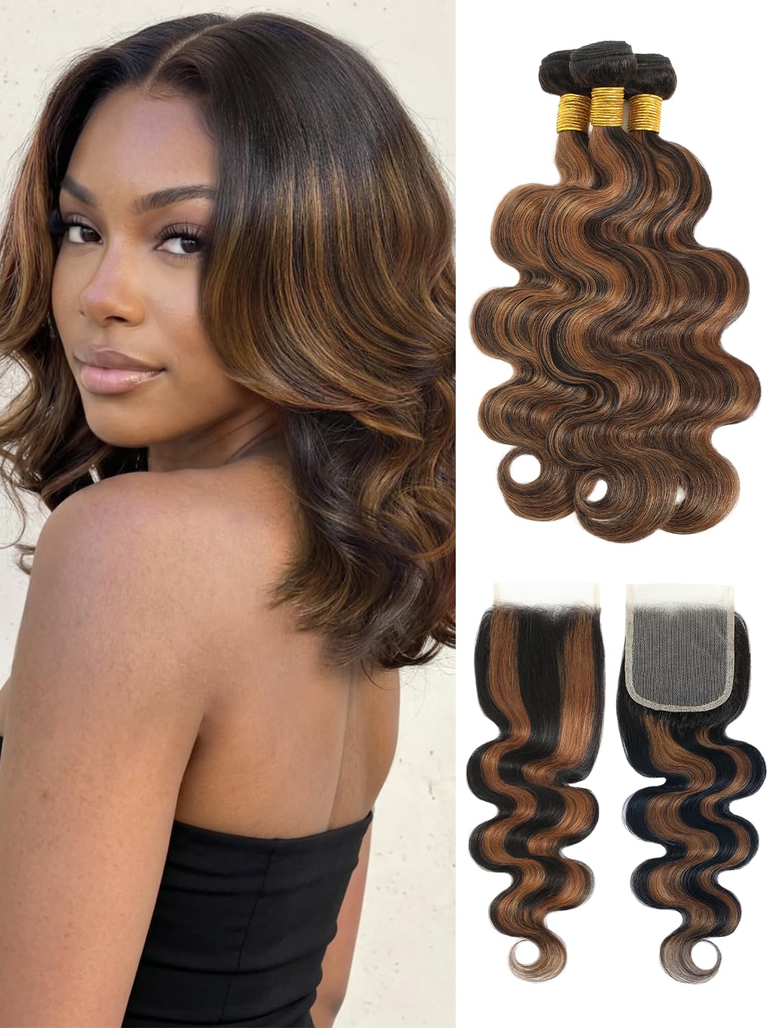 Highlight Honey Blonde F1B/30 Bundles with 4x4 Closure Body Wave Human Hair