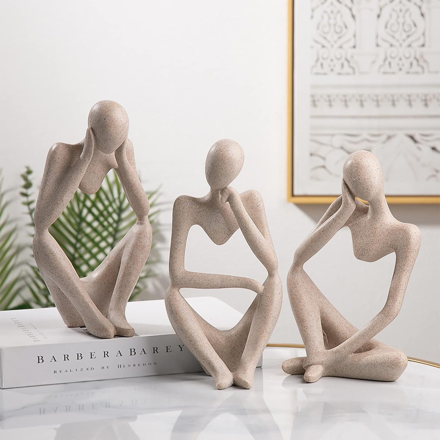 XPXKJ Resin Thinker Statue Set of 3, Abstract Sculptures for Your Home Decor Living Room, is Office Desktop Bookshelf Perfect Decoration (Sandstone)