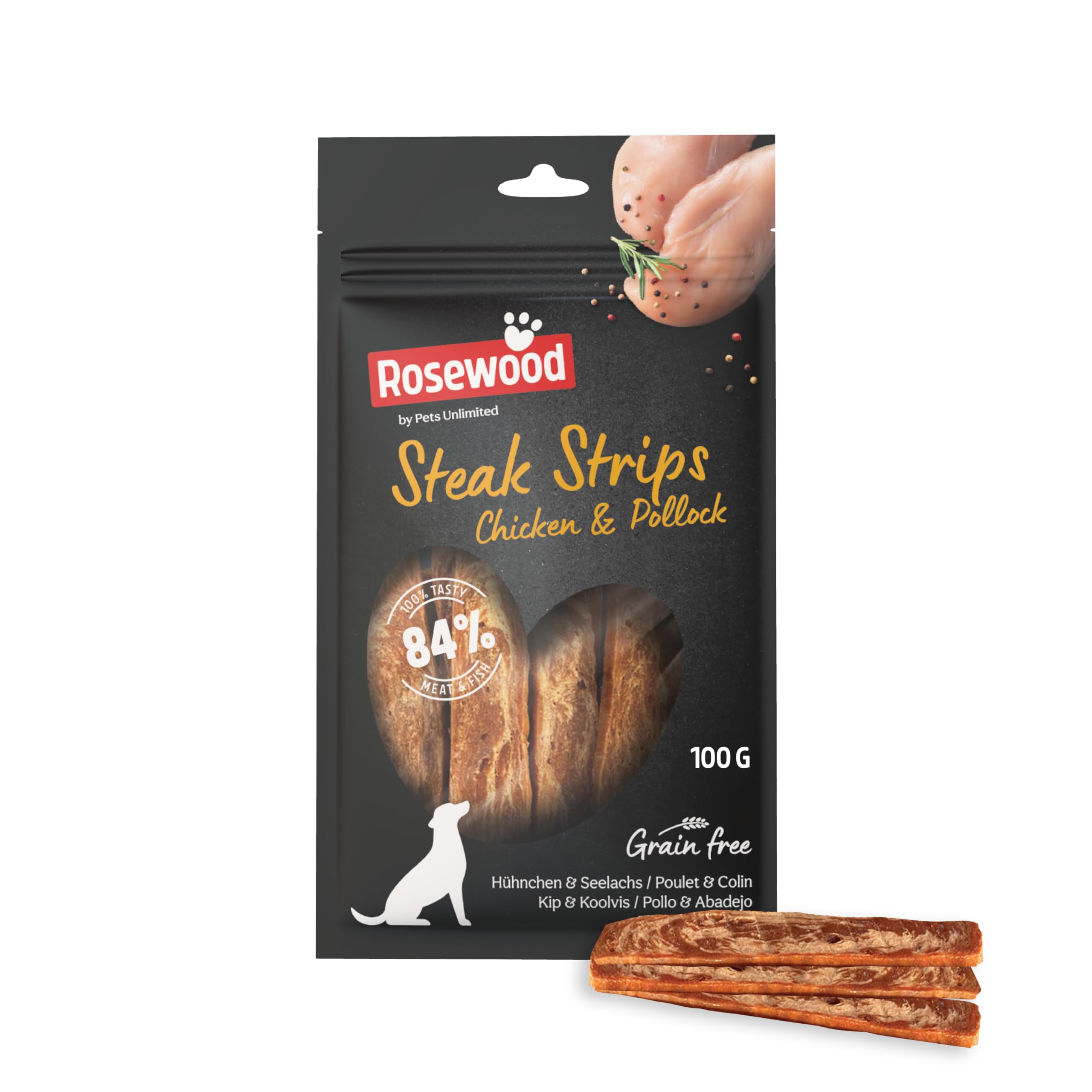 Rosewood Steak Strips Huhn & Seelachs – Weiche Leckerlis für Hunde, hoher Fleisch-/Fischanteil, fettarm, ohne Getreide, ohne künstliche Zusatzstoffe, 100 g