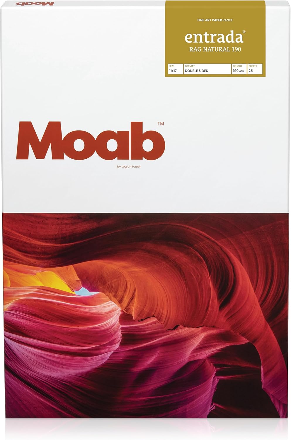 Moab Entrada Rag Natural 190, 100% Cotton Fine Art Archival Inkjet Paper, 2-Sided, Smooth (Hotpress) Natural White Matte, Medium Weight 190gsm, 11 x 17 Inches, 25 Sheets