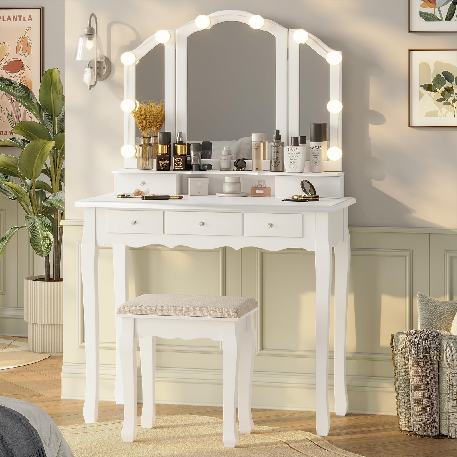 Tiptiper Makeup Vanity with Lights, Vanity Desk with Lighted Mirror and Stool, Vanity Table Set with 5 Drawers, 3 Light Settings, Adjustable Brightness, White