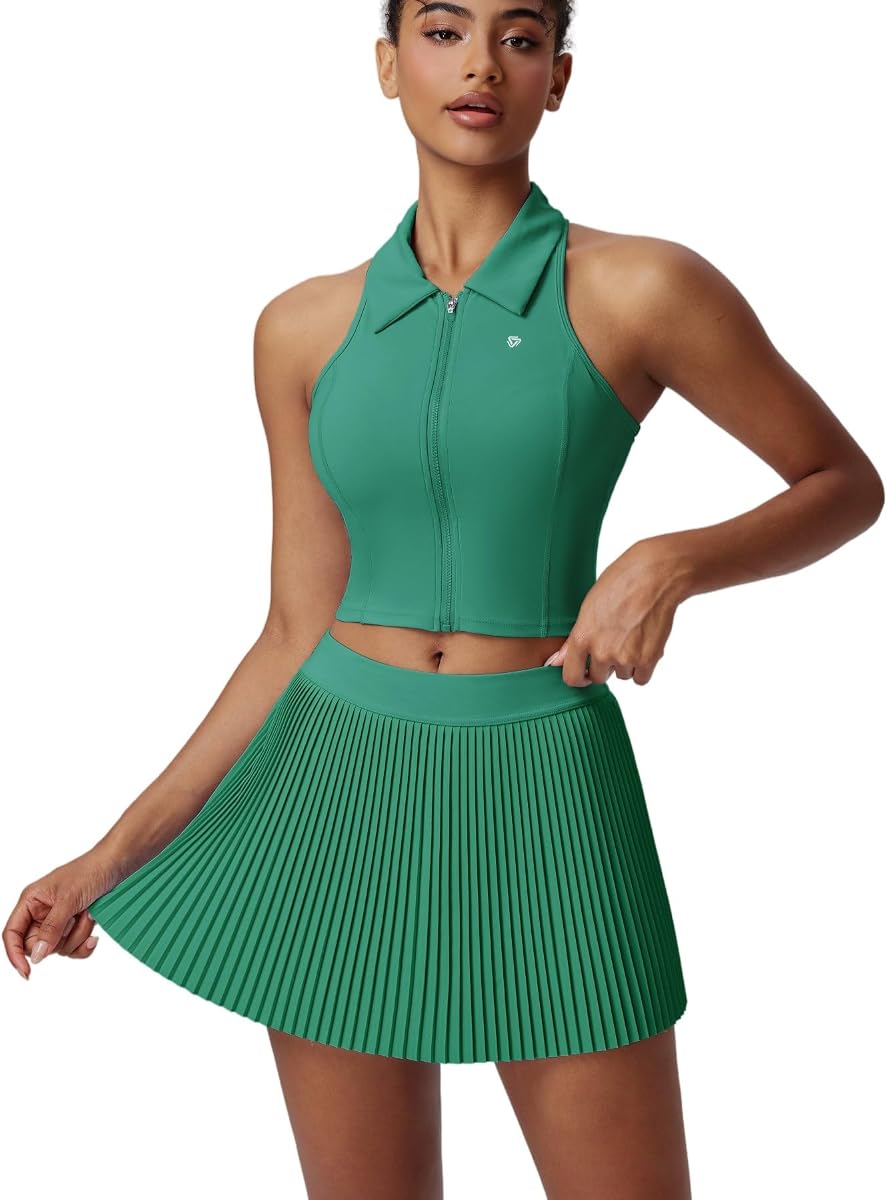 Women 2 Piece Tennis Golf Outfit Zip Polo Top Pleated Athleisure Skirt Set