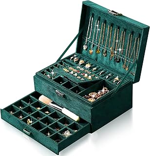WDJLNZB Women's Jewellery Box, 3-Layer Jewellery Storage Case with 8 Necklace Hangers and Removable Divider, Lockable Jewellery Box for Earrings, Bracelets, Rings, Watches