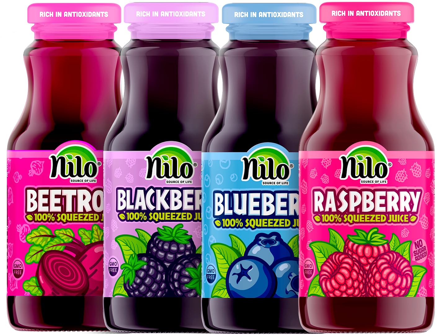 NILO Variety Pack | 100% Squeezed Juice Blackberry Blueberry Raspberry Beetroot | NO Sugar added | NON GMO | NOT From Concentrate | 8.45 oz (Pack of 12)