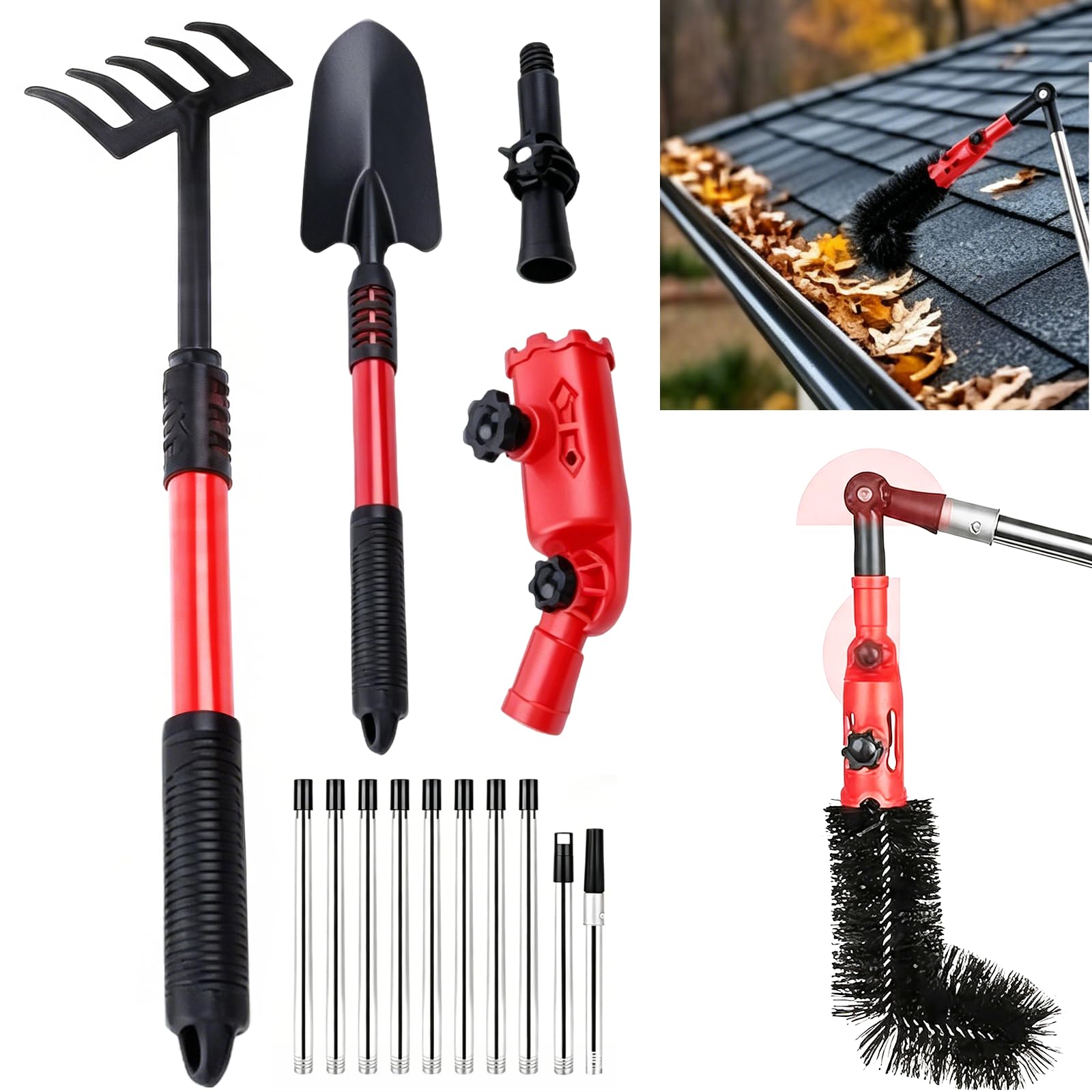BRGD 4m Teleskop Dachrinnenreiniger Kit mit 11pcs ausziehbaren Stangen, 2pcs 180° Schwenkbarem Kopf, Rechen, Schaufel und Dachrinnenbürste zum Entfernen von Blättern