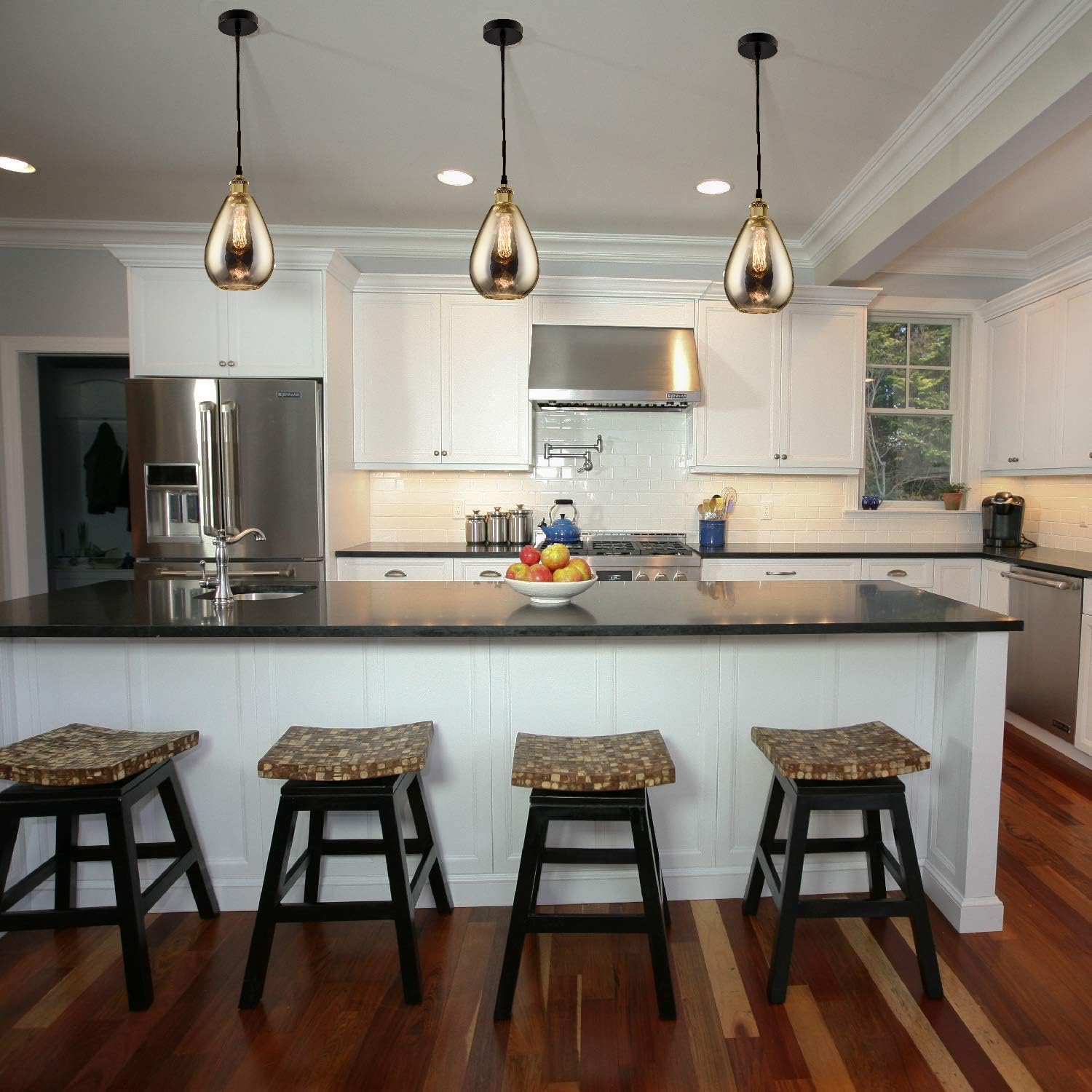 3 Packs Industrial Glass Pendant Lights for Kitchen Island, Modern Teardrop Chrome Mirror Effect Lighting Fixture Edison Hanging Light for Farmhouse Bar Area Over Sink Dining Room (Bulb Not Included)