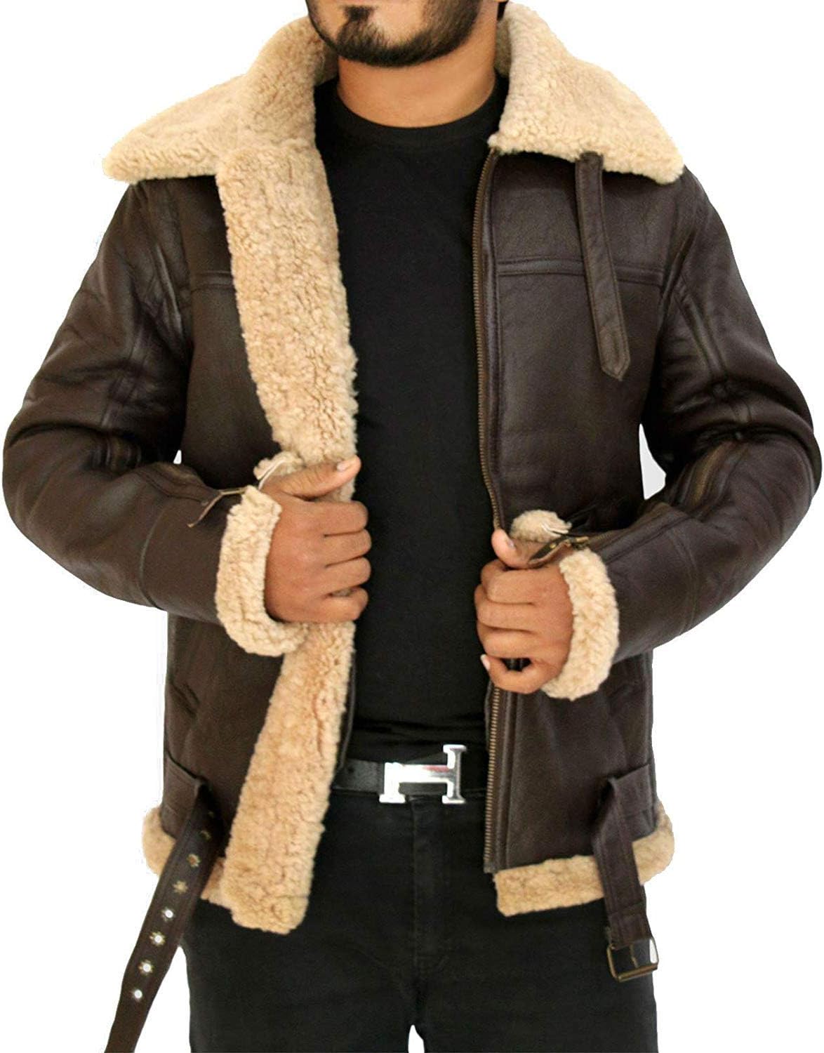 Winter Jacket Mens - B3 Bomber RAF Aviator Real Sheepskin Leather Faux Fur Flight Pilot Jacket