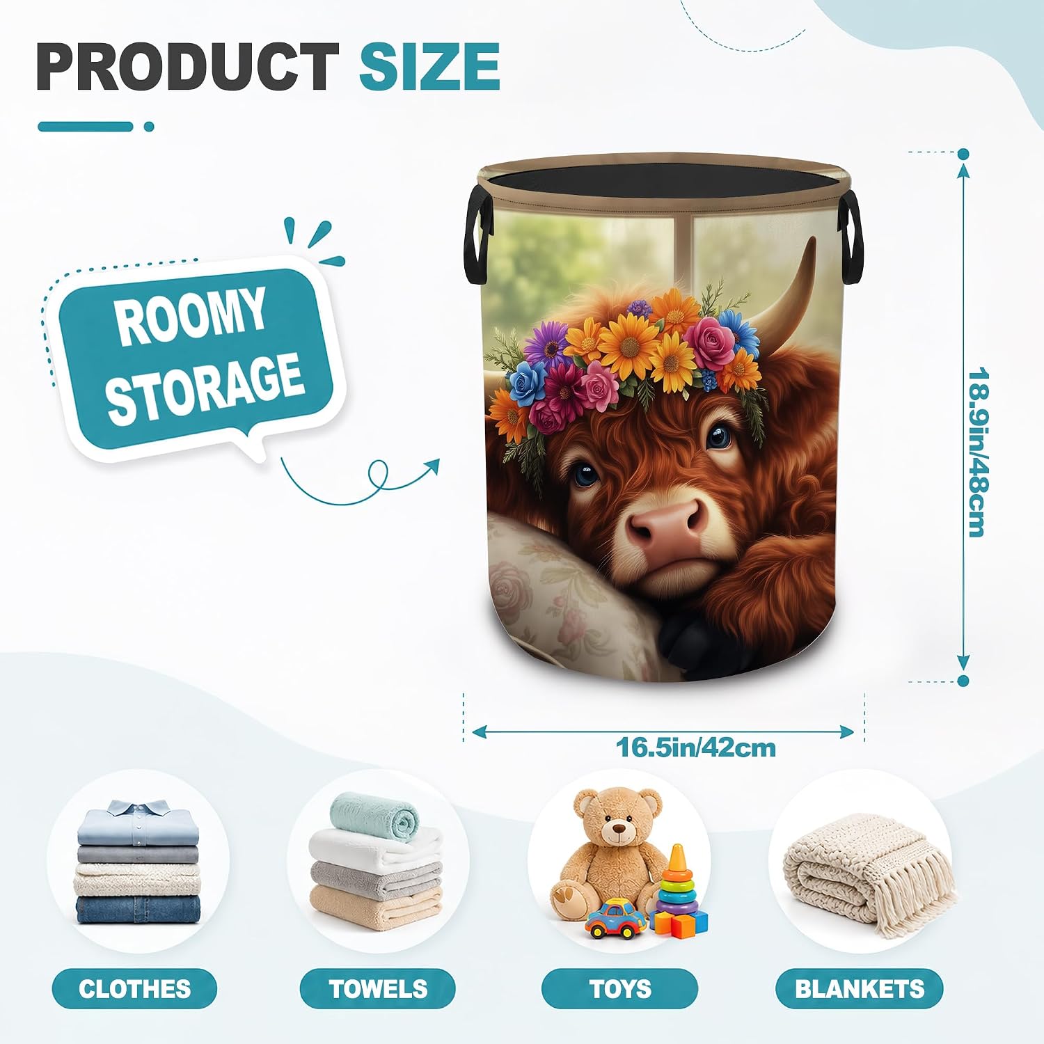 Highland Cow Floral Portable Laundry Hamper,Farmhouse Cozy Collapsible Clothes Basket with Handles,Waterproof Oxford Cloth Organizer for Dorm Bedroom Bathroom Nursery,16 x 20 Inch image 2