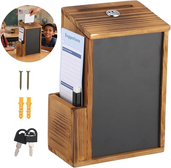 Lockable Wooden Suggestion Box, Wall-Mounted Ballot & Donation Box with Removable Chalkboard and Card Slot, Multipurpose Container for Office, Church Fundraising, Voting & Opinion Collection