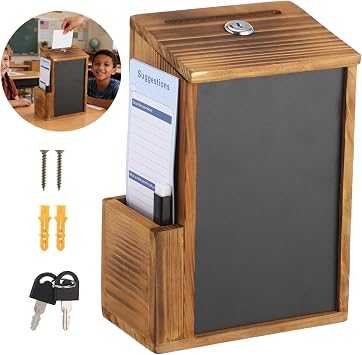 Lockable Wooden Suggestion Box, Wall-Mounted Ballot & Donation Box with Removable Chalkboard and Card Slot, Multipurpose Container for Office, Church Fundraising, Voting & Opinion Collection