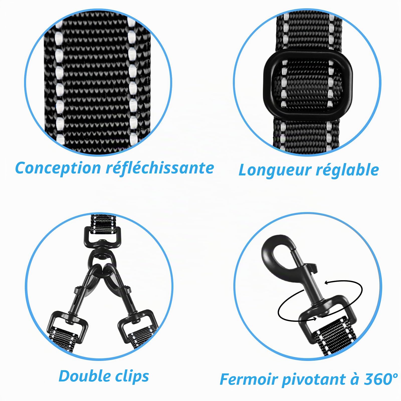 PetBonus Laisse Double pour Chien, Double Laisse Anti-Enchevêtrement Réfléchissante, avec 4 Poignées Rembourrées Confortables pour Chiens de Taille Moyenne ou Grande (Noir)