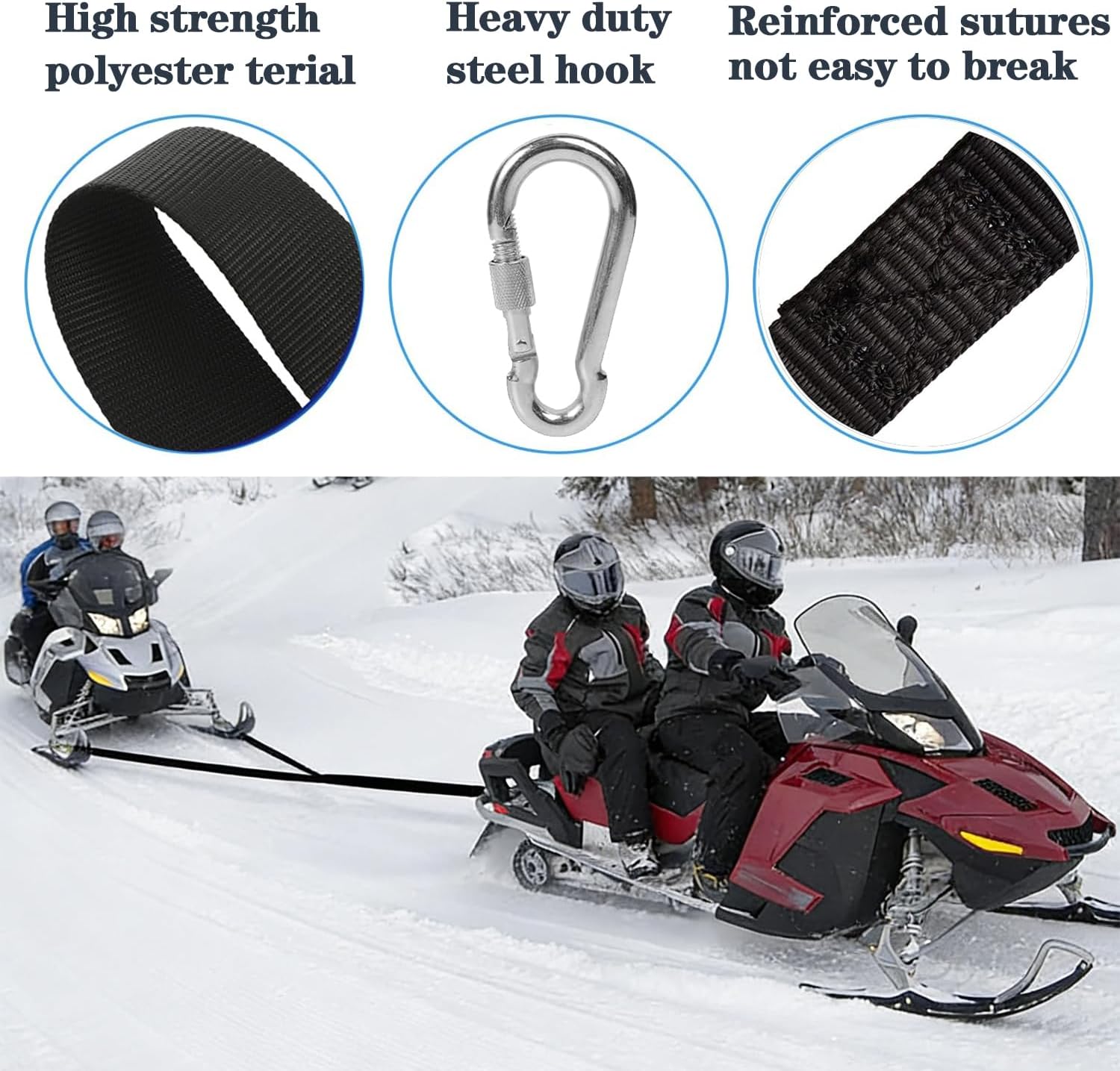 14 FT Heavy-Duty Snowmobile Tow Strap, Durable Tow Rope with Stainless Steel Metal Hooks for Sled, Snowmobile, ATV, Emergency Safety Accessories Kit