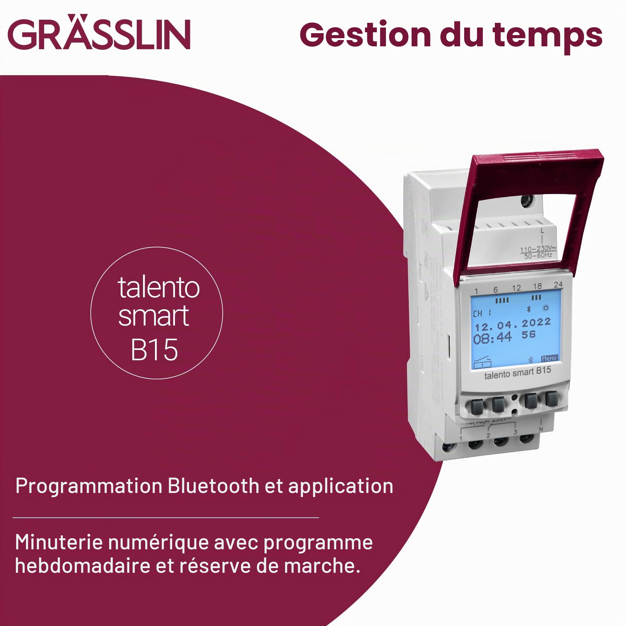 talento smart B15 - 43.02.0001.1 - horloge digitale modulaire interface Bluetooth pour transfert de donnée sans contact - fonctions standards - 1 canal - rail DIN | Bluetooth/App, 2 modules DIN, montage rail DIN, 100 mémoires, programme hebdomadaire/annue