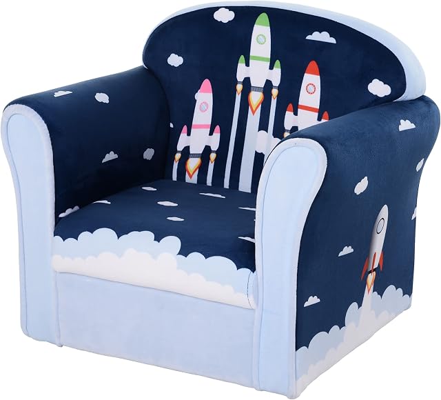 HOMCOM Children's Armchair Flannel Kids Sofa Tub Chair Cartoon Rocket Pattern Wooden Frame Bedroom Playroom Seater Blue