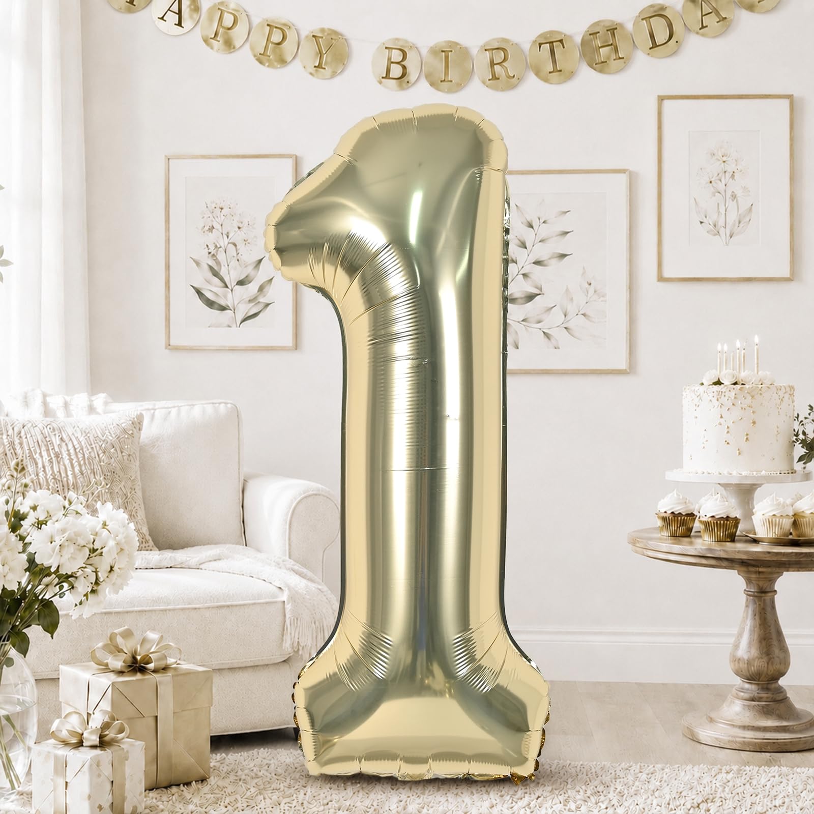 Champagne Gold 1 Balloons, 40 Inch Light Gold Helium Foil Number 1 Balloon Girls, Self Inflating 1st Birthday Balloon One for Boys Boho Anniversary Baby Shower Cow First Birthday Party Decorations