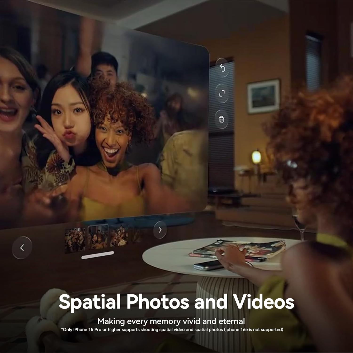A person viewing spatial photos and videos in AR, with a virtual screen displaying images and controls.