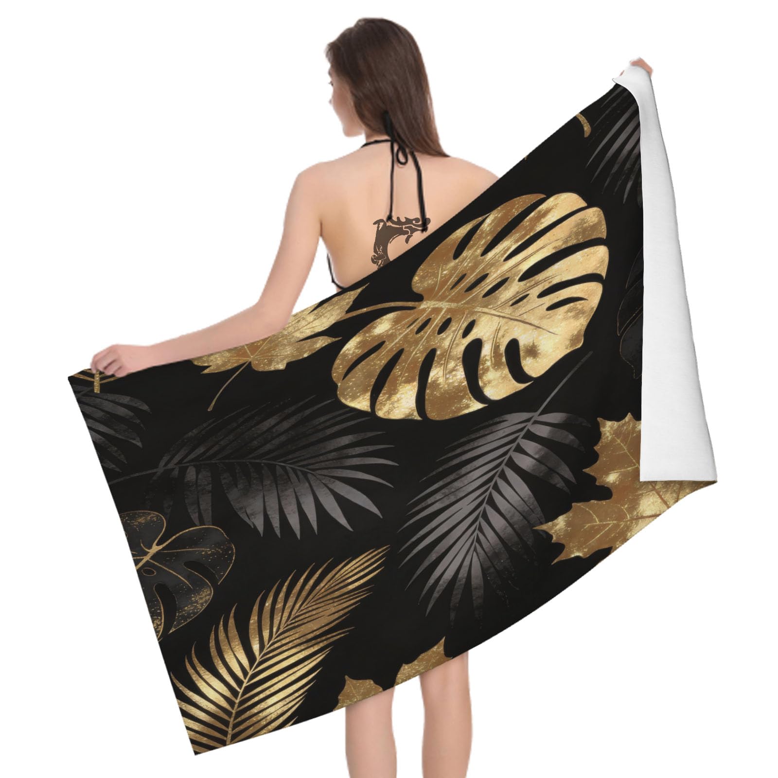 Leichong 3D Tropical Leaf Beach Towel Large Microfiber Soft Quick Dry for Adults, Golden Leaves Bath Towel Lightweight Soft Absorbent for Travel Swimming Pool Sports, 80 x 160 cm