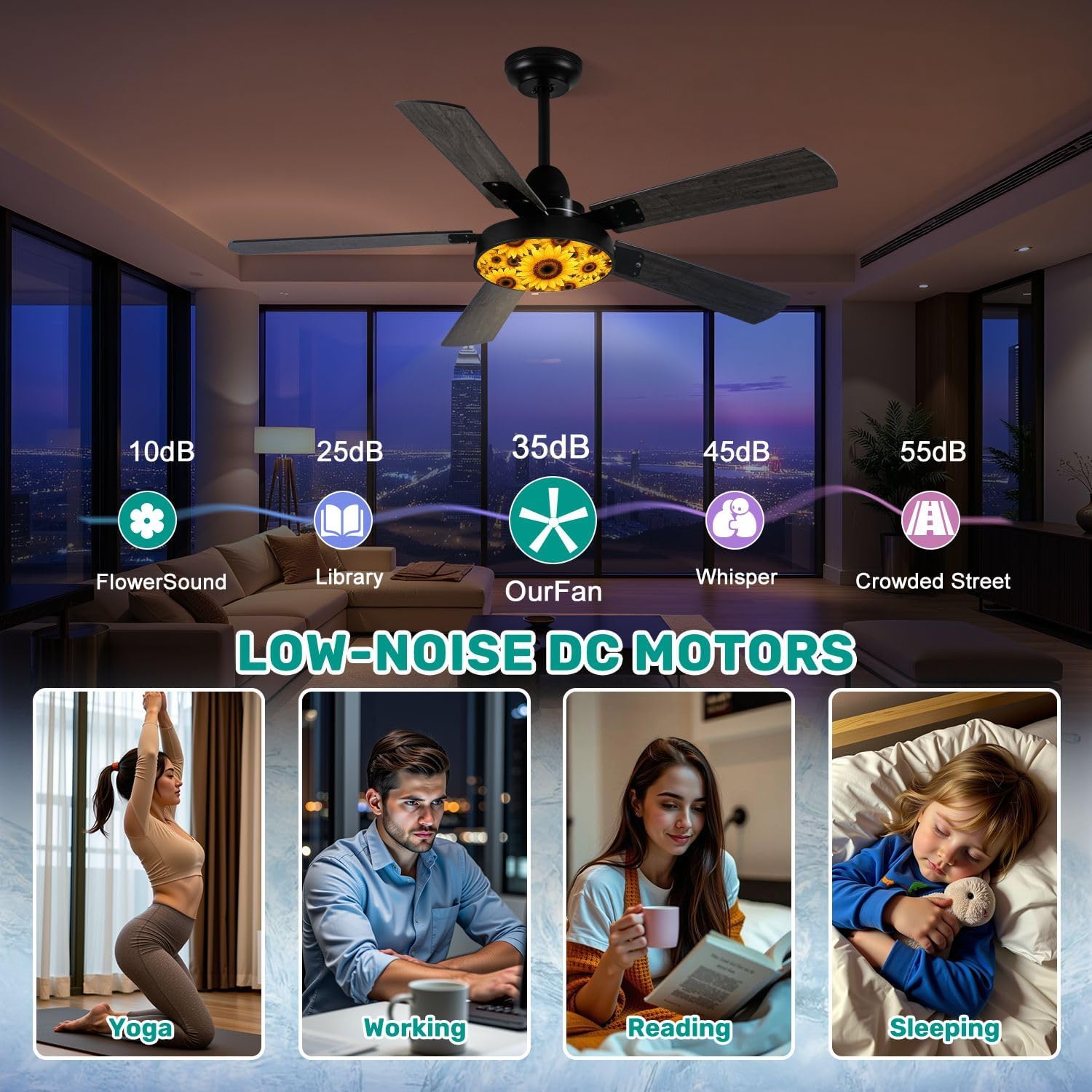 Modern Ceiling Fans with Lights Remote, Sunflowers yellow flowers summer flowers 42 Inch Ceiling Fan for Bedroom Living Room Farmhouse, 6 Speed Reversible Quiet Motor