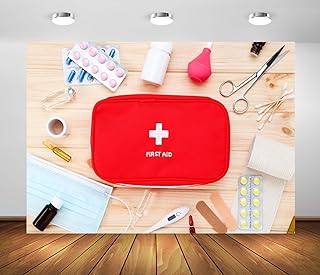 5x3ft Fabric Doctor Nurse Theme Backdrop First Aid Kit and Pills on Wooden Table Background Medical Nursing School Graduation Party Decorations Banner Photo Studio Props