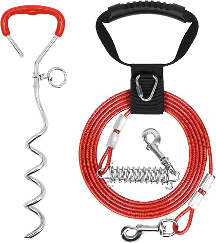 Supet Shock-Absorbing Dog Tie Out Cable & Stake for Backyard, Camping, Traveling, for Dogs up to 250Lbs, Durable Dog Tether/Leash,10ft