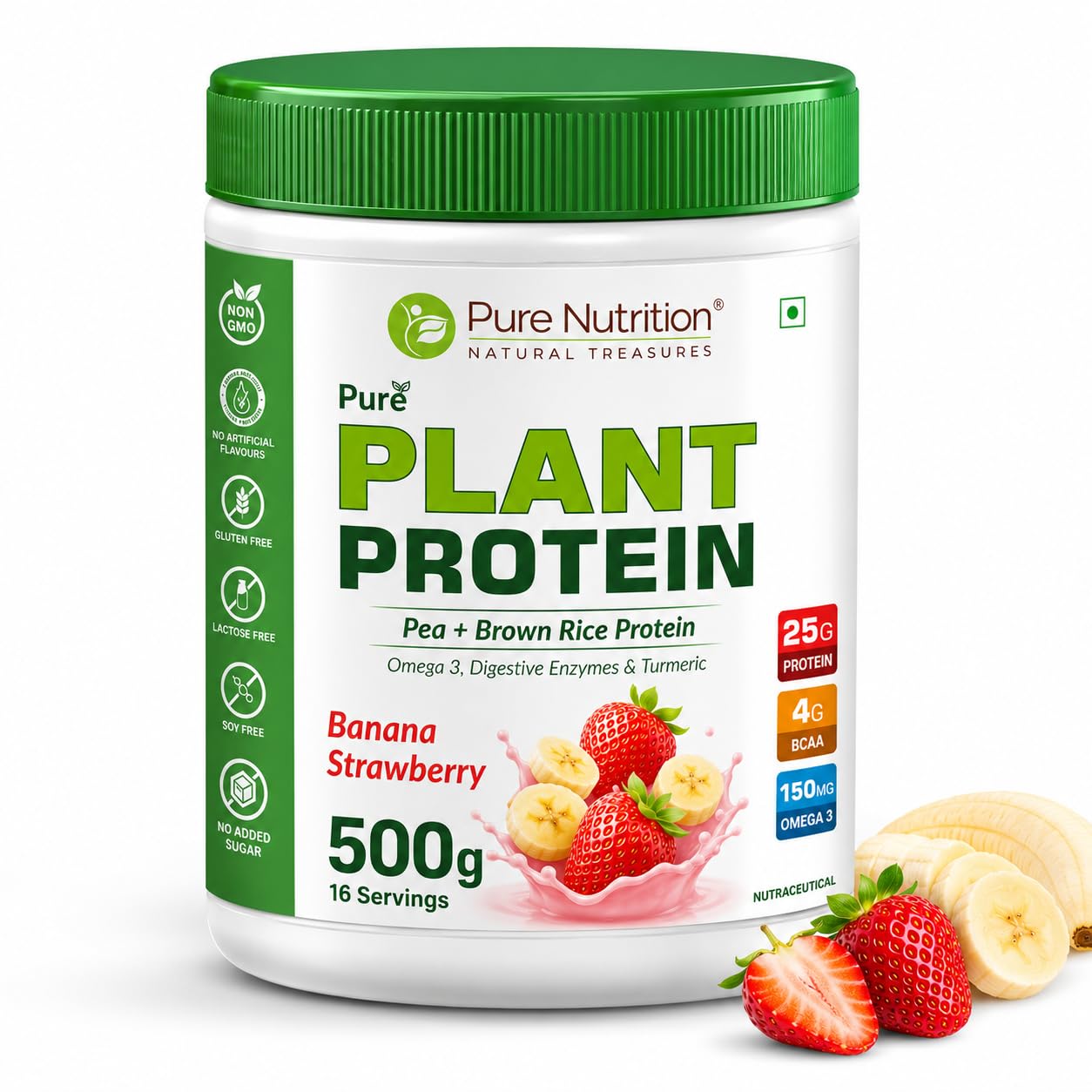 Pure Nutrition Plant Protein Powder | Vegan Protein Powder with Pea & Brown Rice Protein | 25g Plant Based Protein with Flaxseed Omega 3 & Digestive Enzymes | Lactose Free Protein Powder for Men & Women | Plant Protein Powder for Muscle Recovery, Strength & Daily Nutrition Support - 500g Banana & Strawberry Flavour