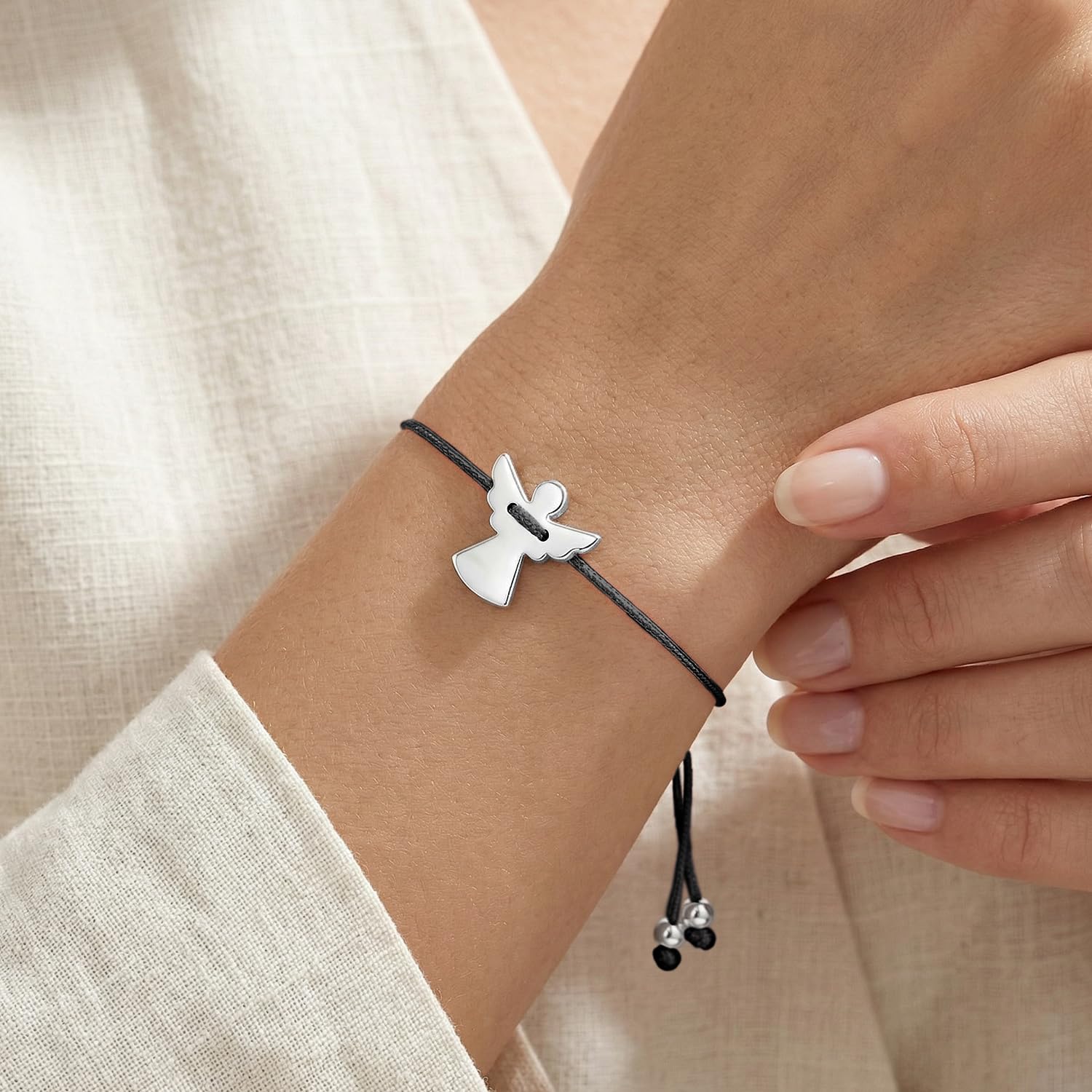 Bracciale Angelo Custode per Uomo e Donna, Braccialetto Portafortuna in Corda Intrecciata Nera, Regalo di Amicizia, Regolabile
