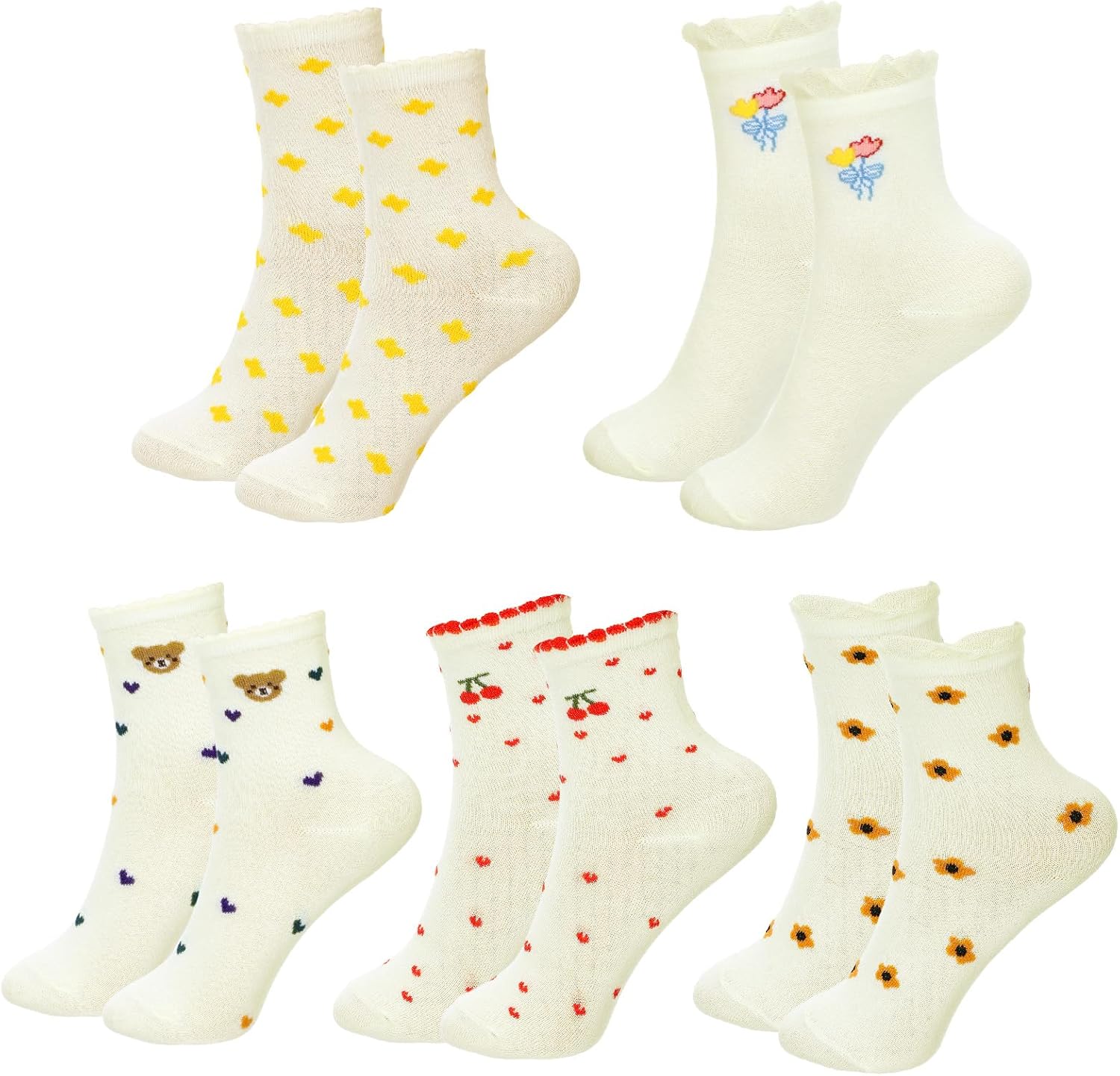 Tucnoeu 5 Pair Cute Heart Flower Frilly Ankle Women Socks, Casual Cotton Bear Heart Cherry Calf Novelty Socks
