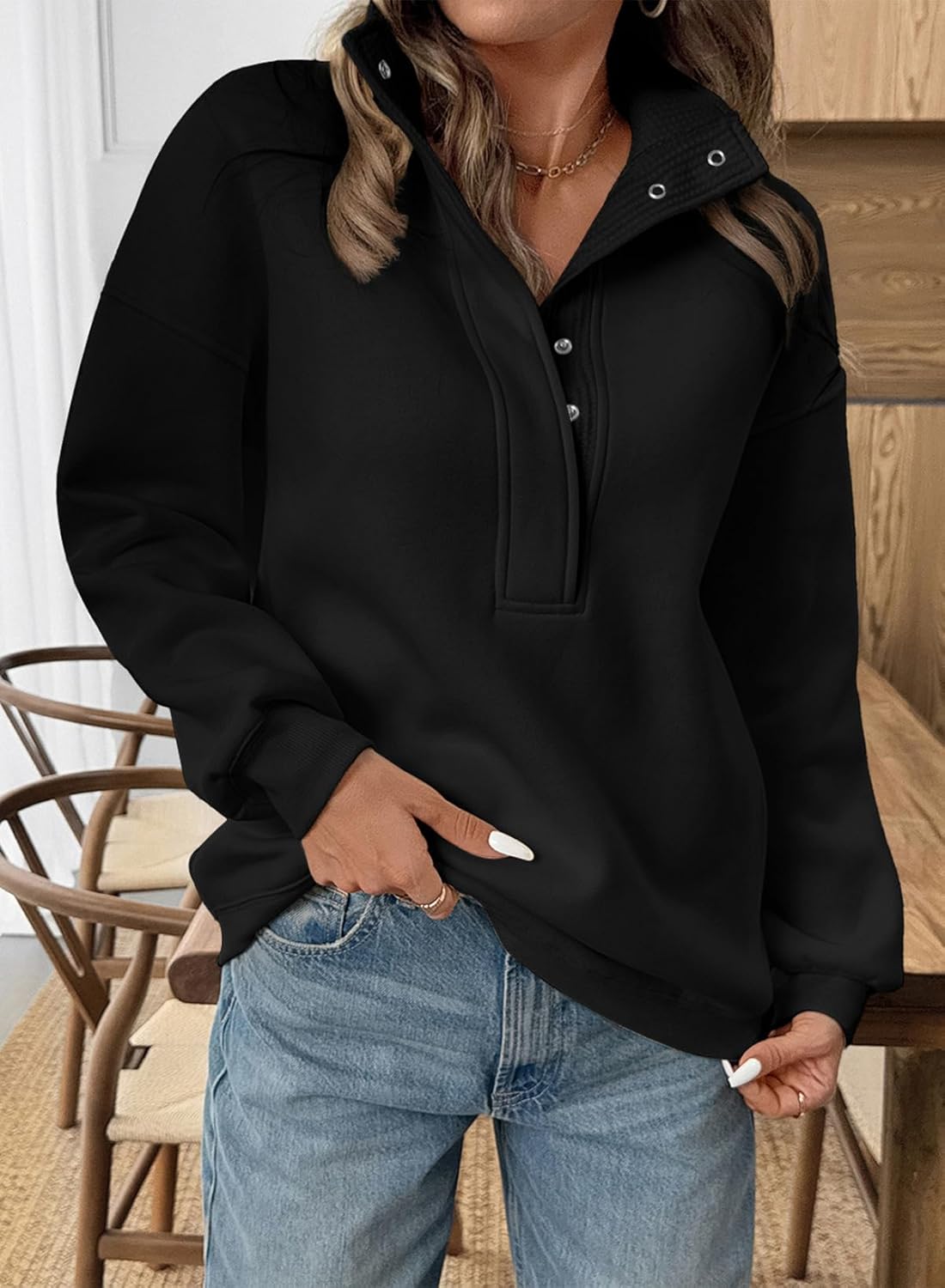 BLENCOT Mock Neck Sweatshirt for Women Quarter Button Long Sleeve Oversized Pullover Trendy Tops - Image 2