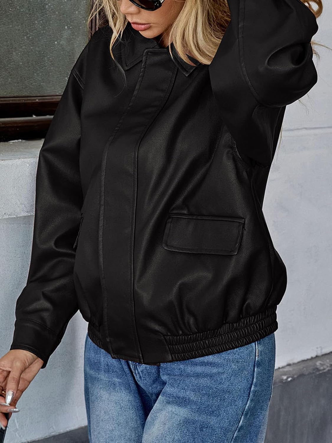 WOWULOVELY Women's Faux Leather Jacket Trendy Bomber Motorcycle Zip Up Coats Oversized Fall Fashion Outfits Winter Outerwear