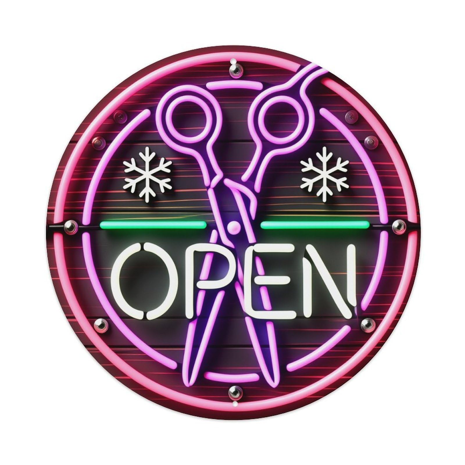 Neon Scissors Snowflakes Open Sign Round Tin Sign Vintage Metal Poster, Home Bar Garage Man Cave Cafe Indoor & Outdoor Wall Decoration 8x8Inches