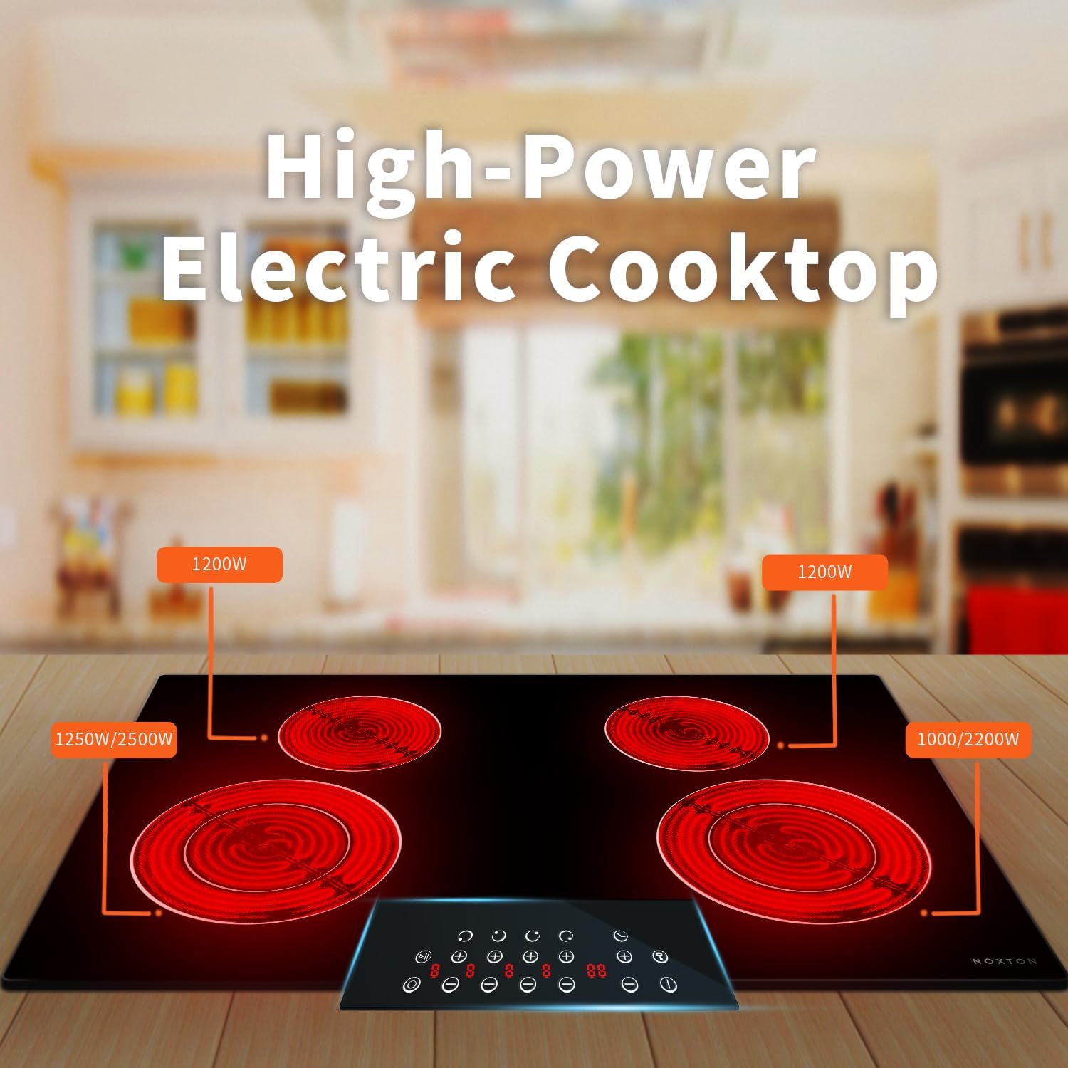Noxton 30 Inch Electric Cooktop 4 Burners, Built In, Sensor Touch, Expandable Burners, Pause, Safety Lock, Timer, 7100W 220240V