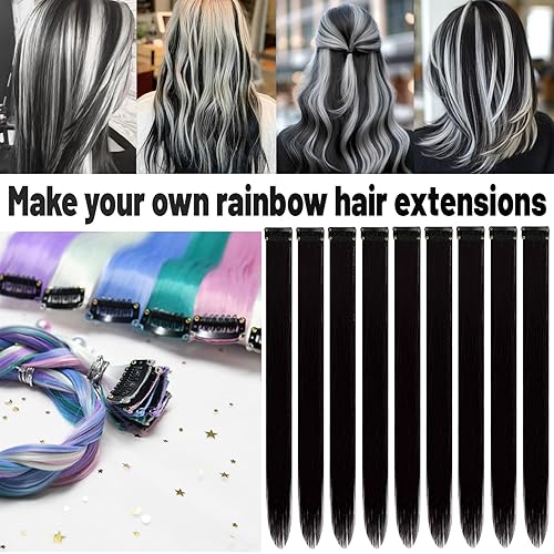 Miniatura 2 de Extensiones de cabello sintético de 22 pulgadas, multicolores con reflejos de fiesta, extensiones de cabello sintético con clip, extensiones de