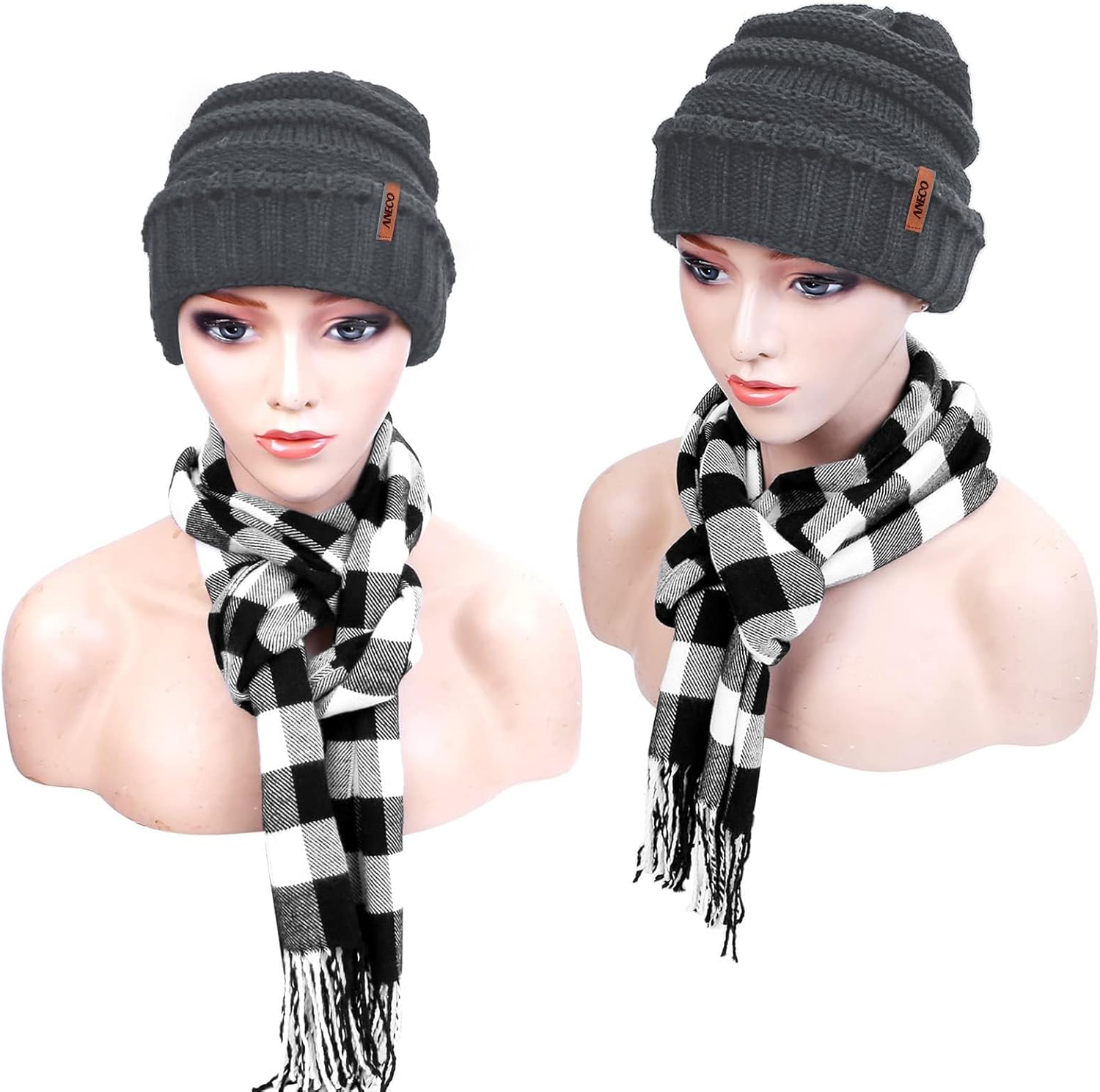 Aneco Winter Warm Knitted Sets Buffalo Plaid Scarf Beanie Hat Touch Screen Gloves and Winter Ear Warmer Set for Men or Women - Image 7
