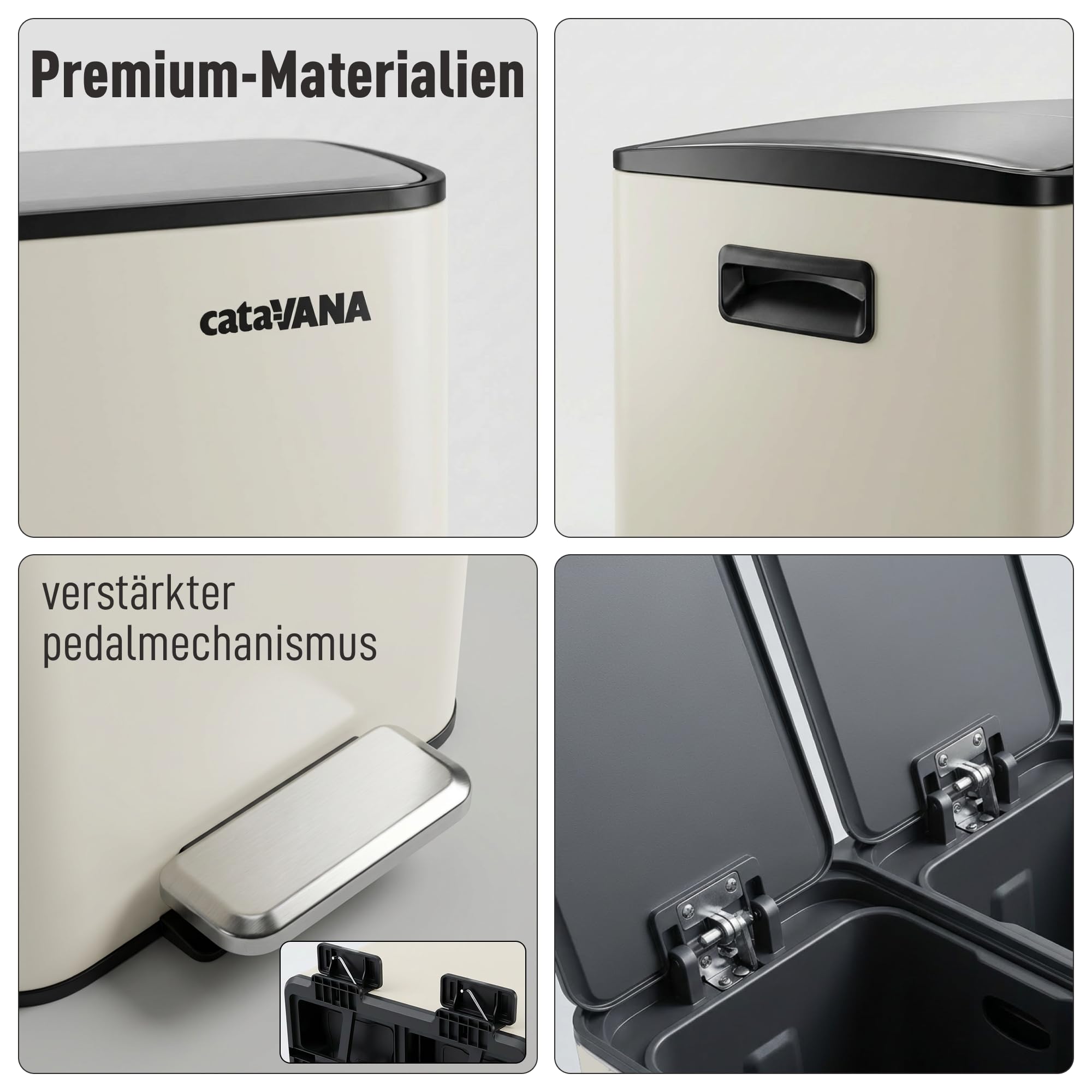 CATAVANA Mülleimer Küche Mülltrennung 2 x 30 Liter - Doppelfach 60 Liter - Moderner Mülleimer für Recycling - Elegantes Design - Beige
