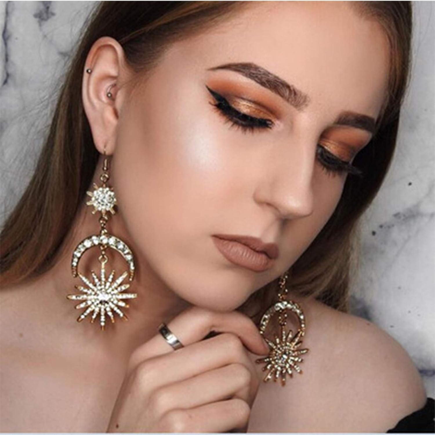 Gold Sun Moon Star Earrings for Women Rhinestone Celestial Dangle Earrings Boho Vintage Hypoallergenic Christmas Jewelry Gifts - Image 4