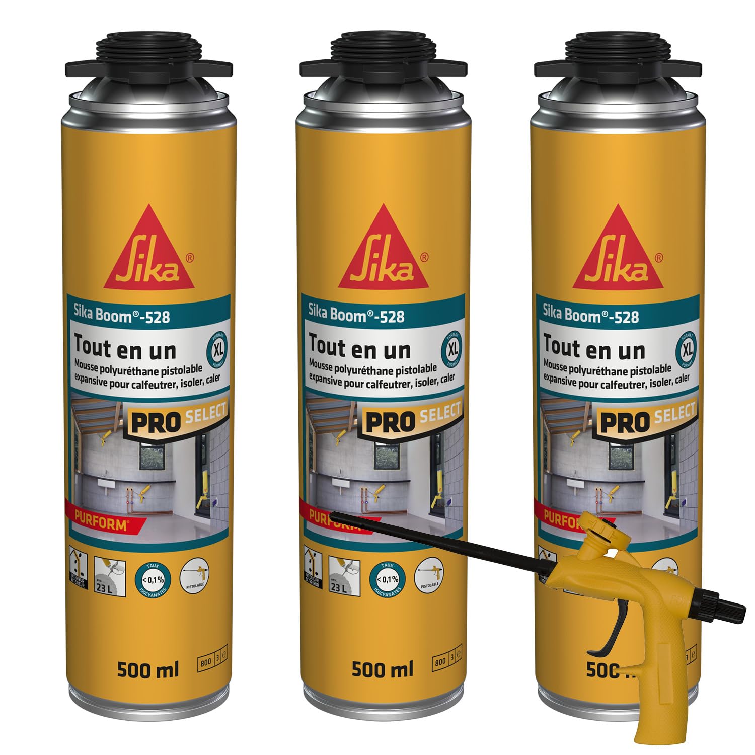 SIKA - Lot de 3 x Mousse polyuréthane Expansive Sika Boom 528, Pistolable & Réutilisable, Rendement 23L, pour jointer, calfeutrer, isoler, 500ml Blanc + Pistolet Foam Gun pour mousse expansive