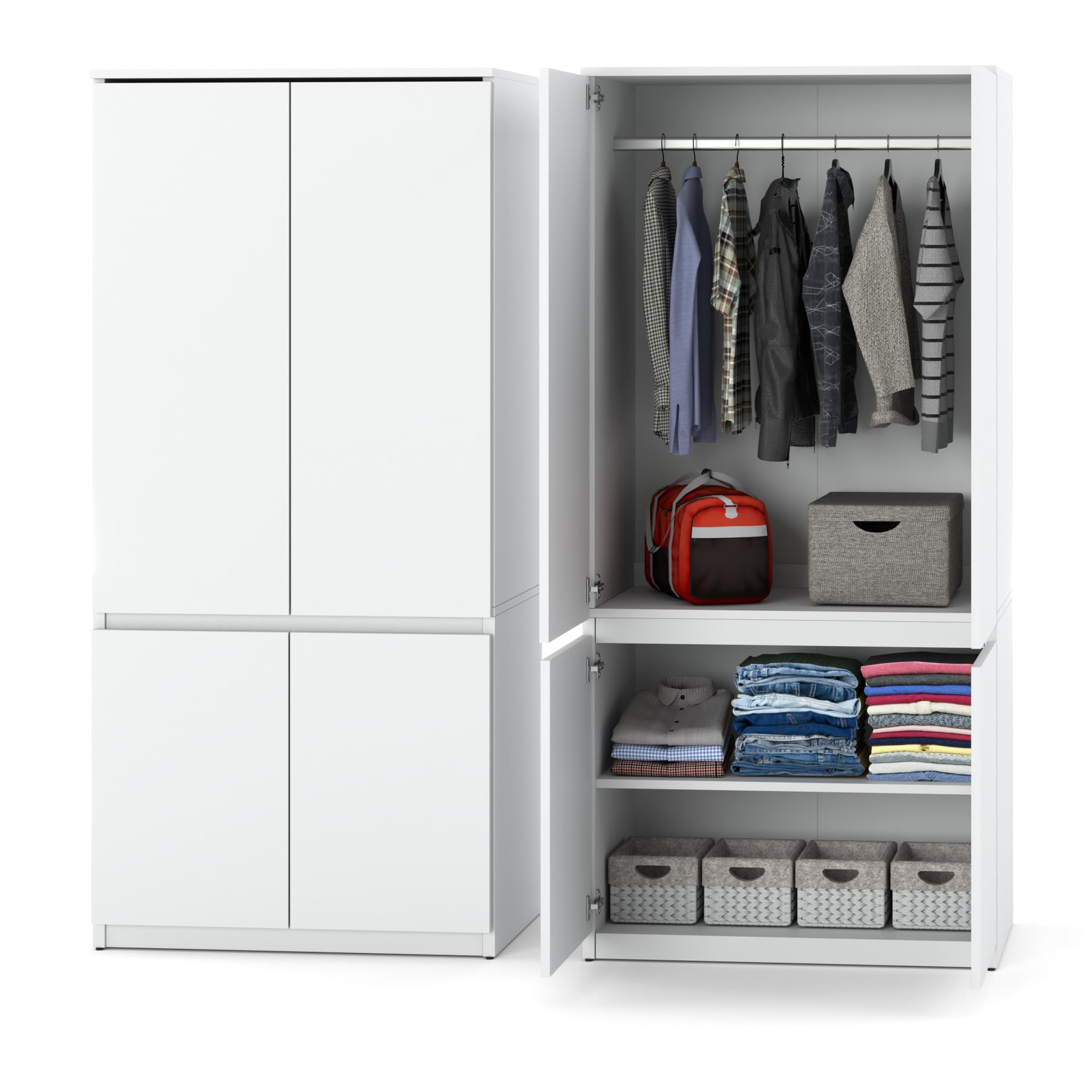 ELVA Kleiderschrank 80 cm – Grifflose Garderobe mit 4 Türen, Schrank für Schlafzimmer, Flur & Ankleidezimmer – 80x181,5x50 cm (Matt Weiß)
