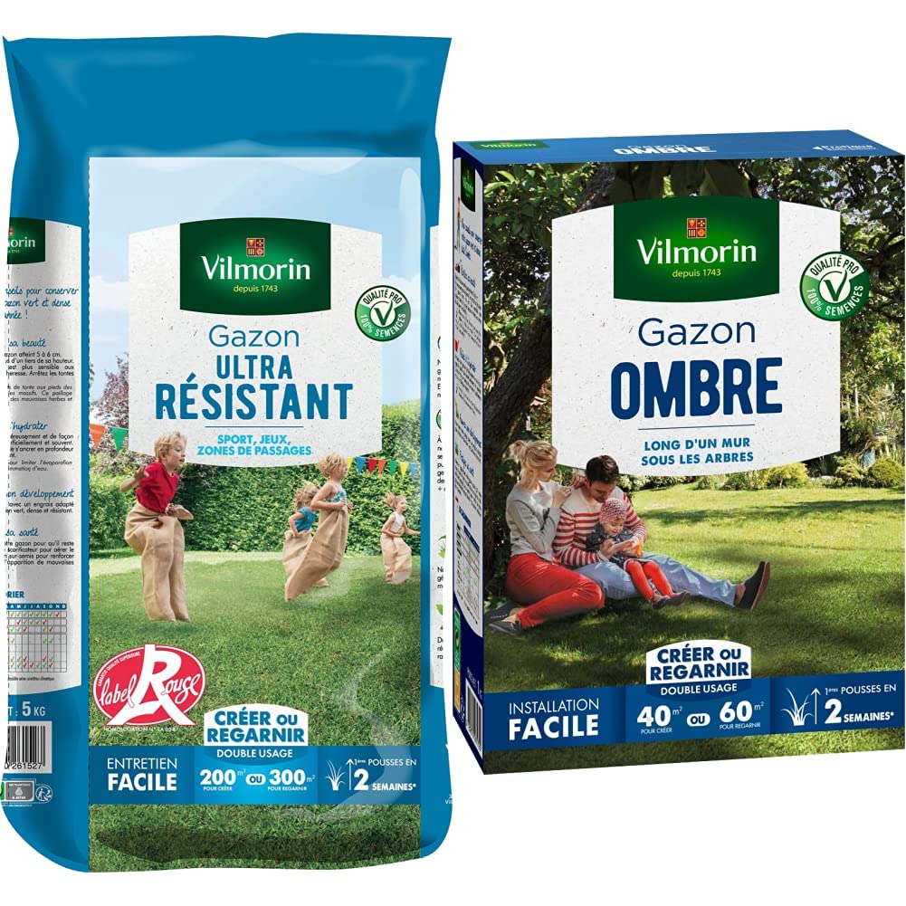 Vilmorin 4462416 Gazon Ultra Résistant, Vert, 5 kg & 4466514 Gazon Ombre, Vert, 1 kg