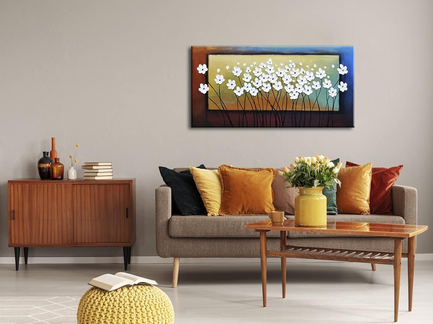 Wieco Art White Flowers Oil Paintings on Canvas Wall Art for Living Room Bedroom Home Decorations Large Modern Stretched and Framed 100% Hand Painted Abstract Floral Artwork
