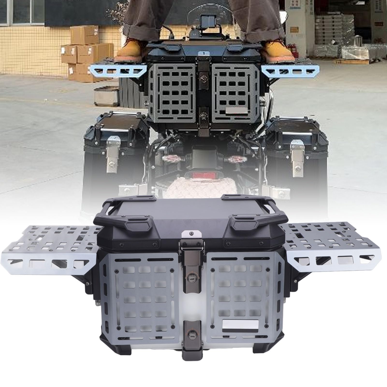 Dilwe Tylna Obudowa Motocykla Kufer Motocyklowy ze Stopu Aluminium 45L Szybkozłączka Wodoodporny, Zamykany, Składany Schowek dla Osób Dojeżdżających do Pracy z Tylnym Bagażnikiem (Biały Ti)