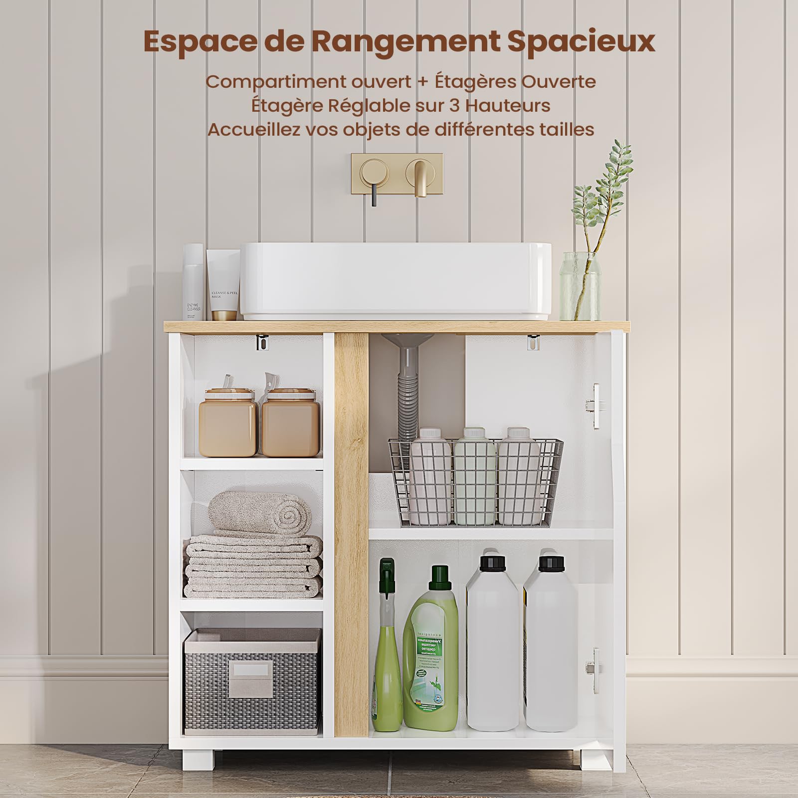 Meuble sous Lavabo Salle de Bain, Meuble Salle de Bain avec Étagère Réglable, Compartiments Fermés, 3 Étagères Ouvertes, 4 Pieds en Bois, Armoire de Rangement pour Vasque, 60x30x60cm, Blanc