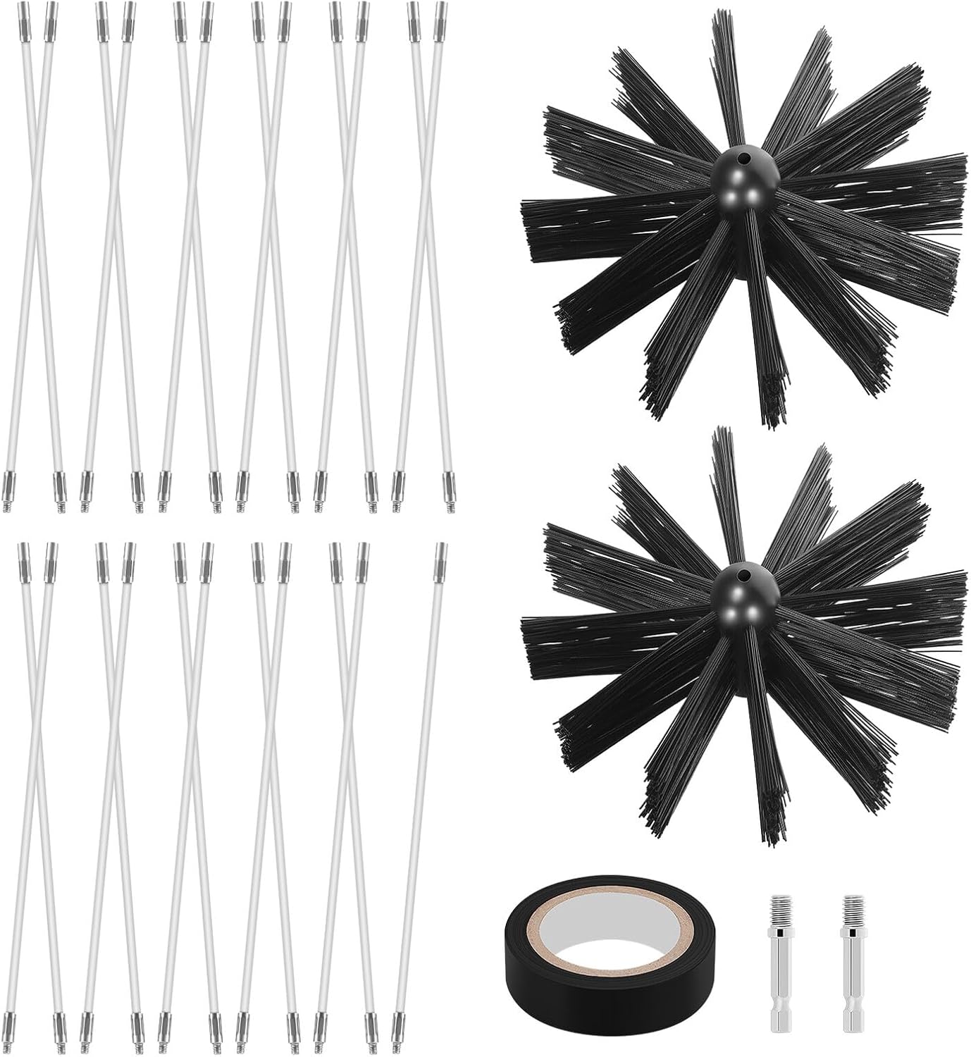 Chimney Cleaning Kit with 23 Flexible Rods and 2 Sturdy 6-inch Brush Heads, Dryer Vent Cleaner Tool Kit for Fireplace, Air Duct, and Kitchen Vent Cleaning, 30ft Rod Set with Hex