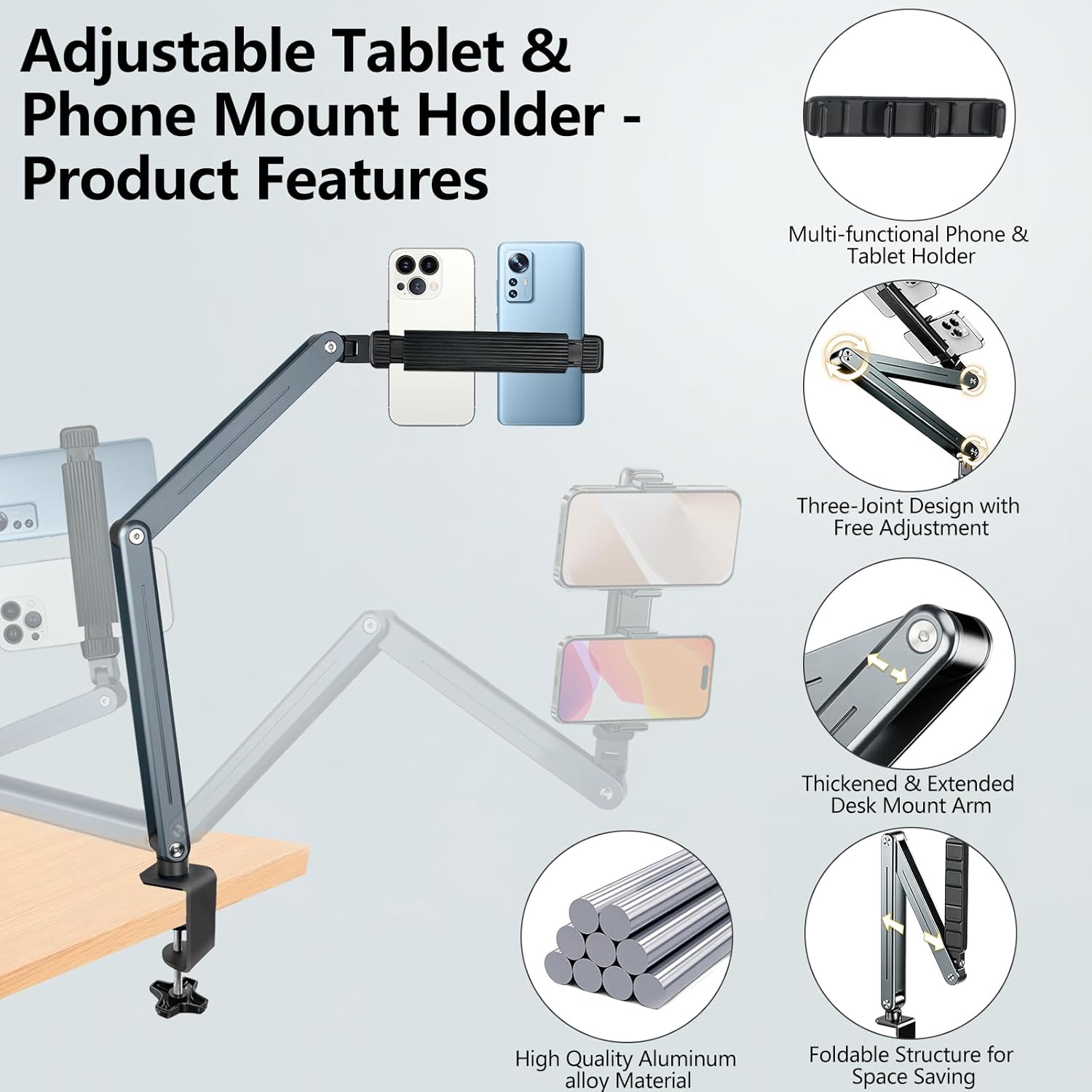 Tablet Stand for Desk, Cell Phone Stand, Adjustable iPad Holder Clamp Mount 360° Rotation Sturdy Aluminum Tablet Arm Mount for iPad Pro/Air/Mini, iPhone, Galaxy Tab, for Kitchen Work Video Call