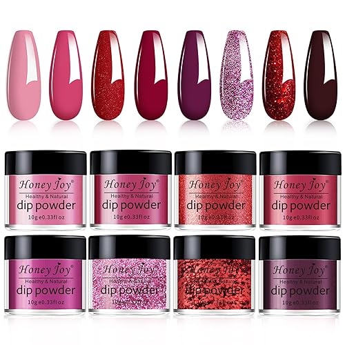 Honey Joy Juego de 8 unidades de polvo de inmersión fino para uñas, sistema de color de uñas en polvo, lentejuelas rojas oscuras con purpurina y