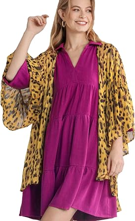 Umgee Womens Sheer Animal Print Open Front Kimono with Metallic Threading